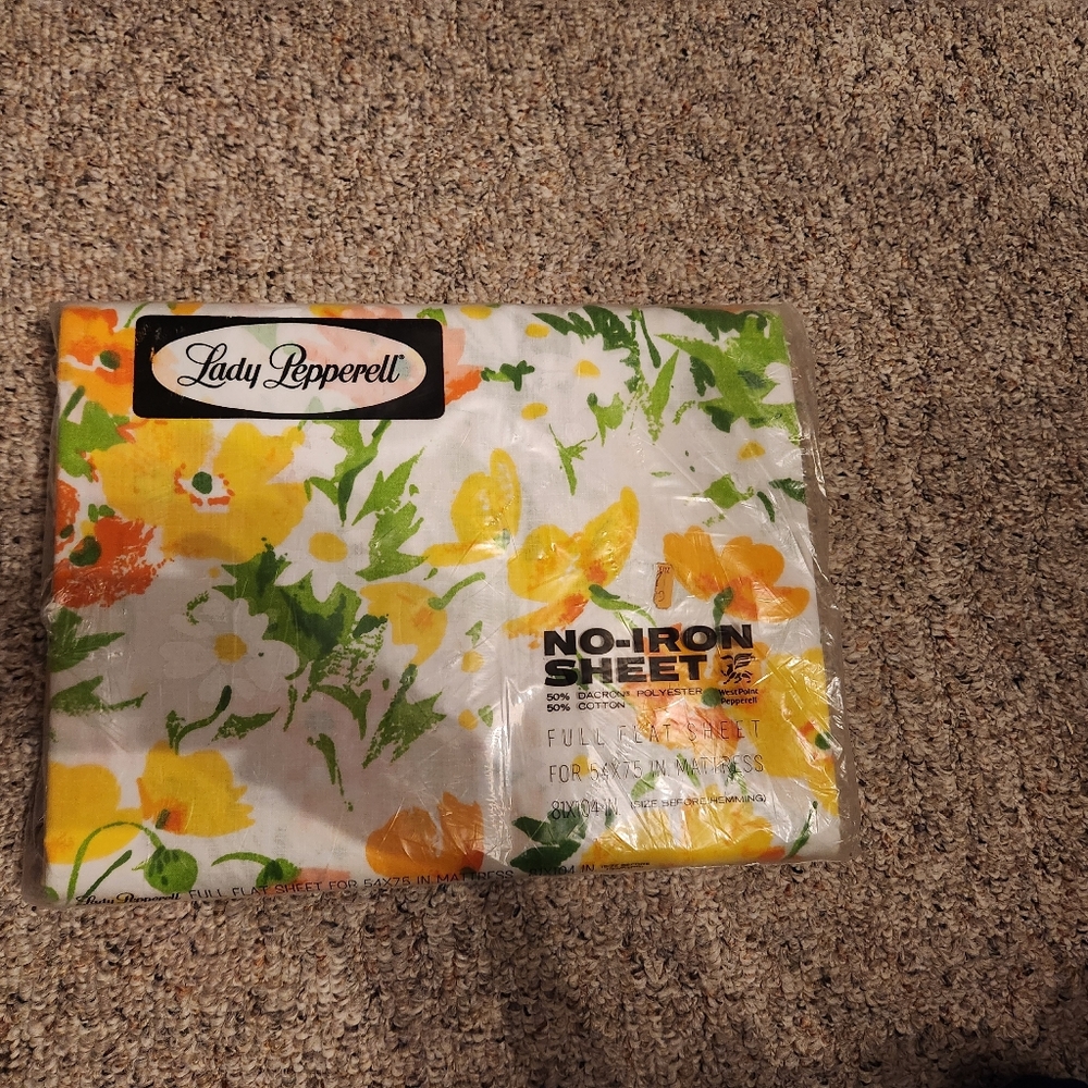 Sears Floral Full Size Flat Sheet Only - Orange and Green